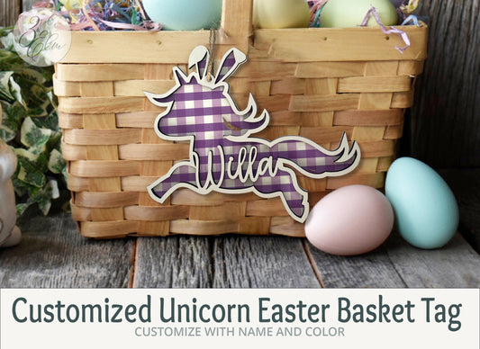 Personalized Unicorn Easter Basket Name Tag, Customize these tags with child's name, Personalized Unicorn with Bunny Ears Easter Basket Tag