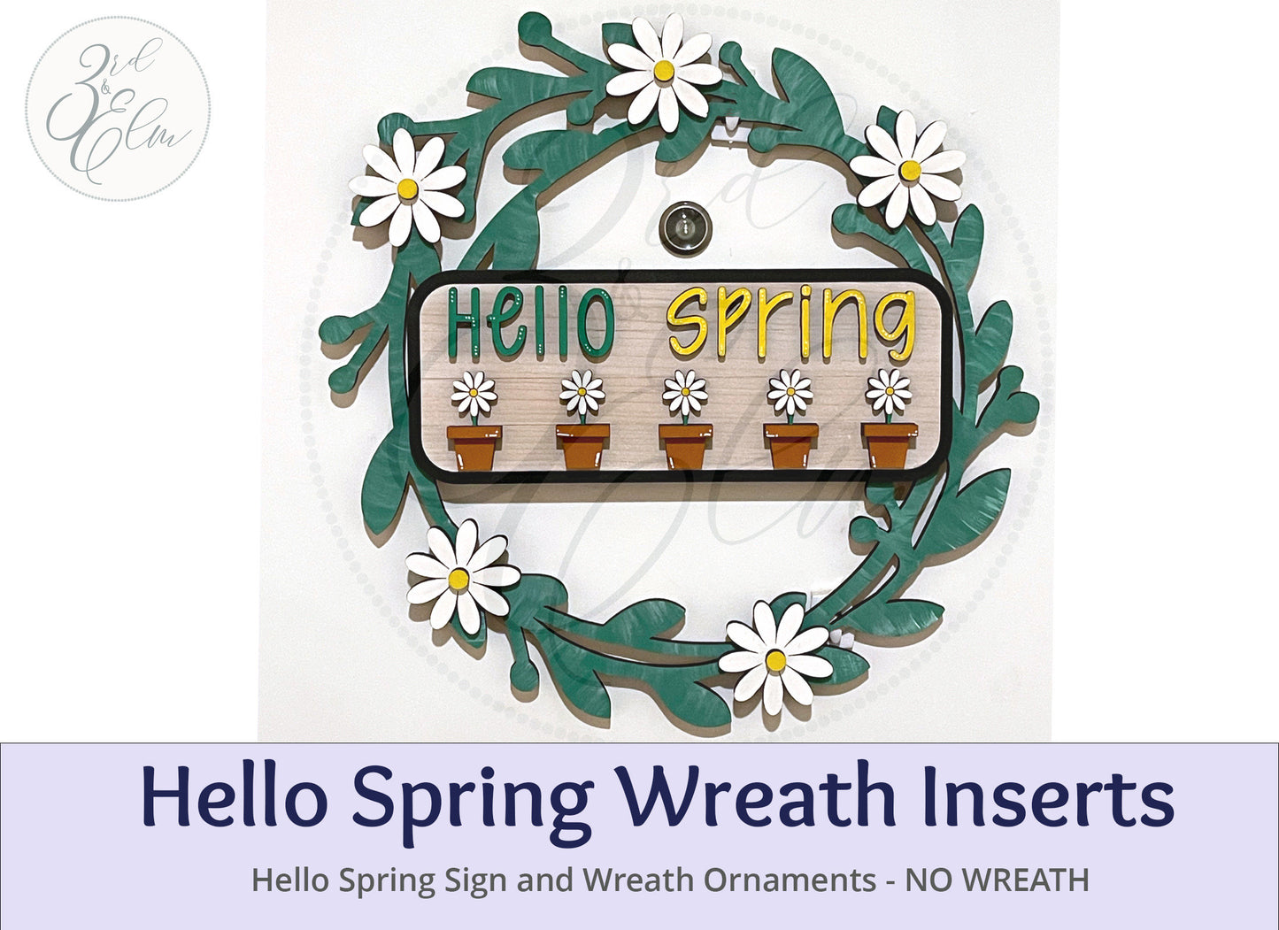 Hello Spring Interchangeable Wreath, Daisy Spring Decor,  Center Sign and 5 Wreath Ornament Inserts Only - NO WREATH, Wreath Sold Seperately