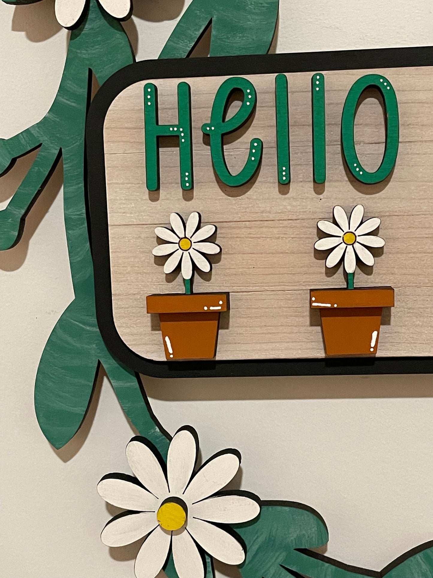 Hello Spring Interchangeable Wreath, Daisy Spring Decor,  Center Sign and 5 Wreath Ornament Inserts Only - NO WREATH, Wreath Sold Seperately