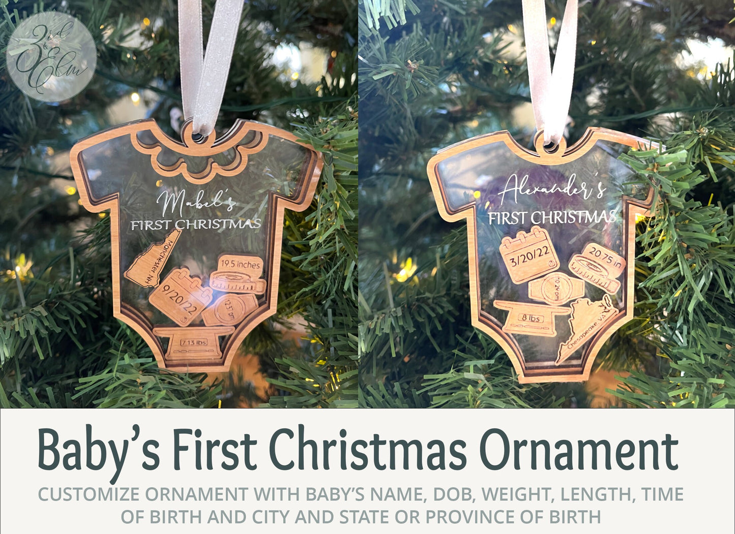 Baby's First Christmas Ornament, Customize with baby's birth information and statistics. Great 1st birthday, mother's day or Christmas Gift