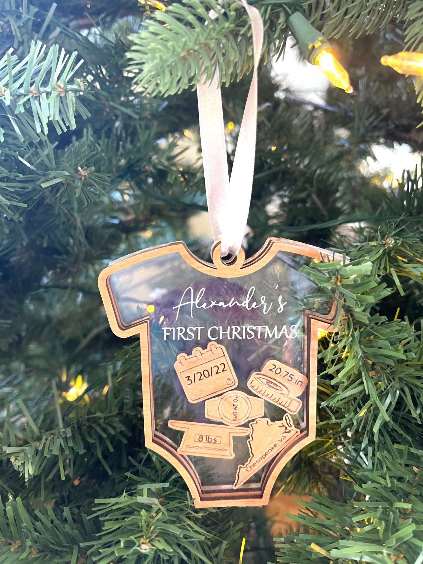 Baby's First Christmas Ornament, Customize with baby's birth information and statistics. Great 1st birthday, mother's day or Christmas Gift