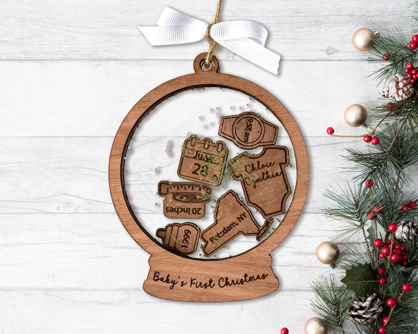 Baby's First Christmas Ornament, Customize with baby's birth information and statistics. Great 1st birthday, mother's day or Christmas Gift