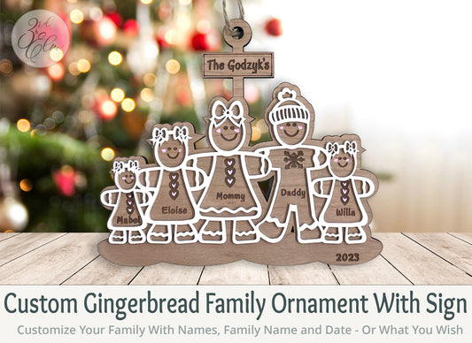 Custom Gingerbread Family with Sign Holiday Ornament, Personalize your family with this cute Ornament,